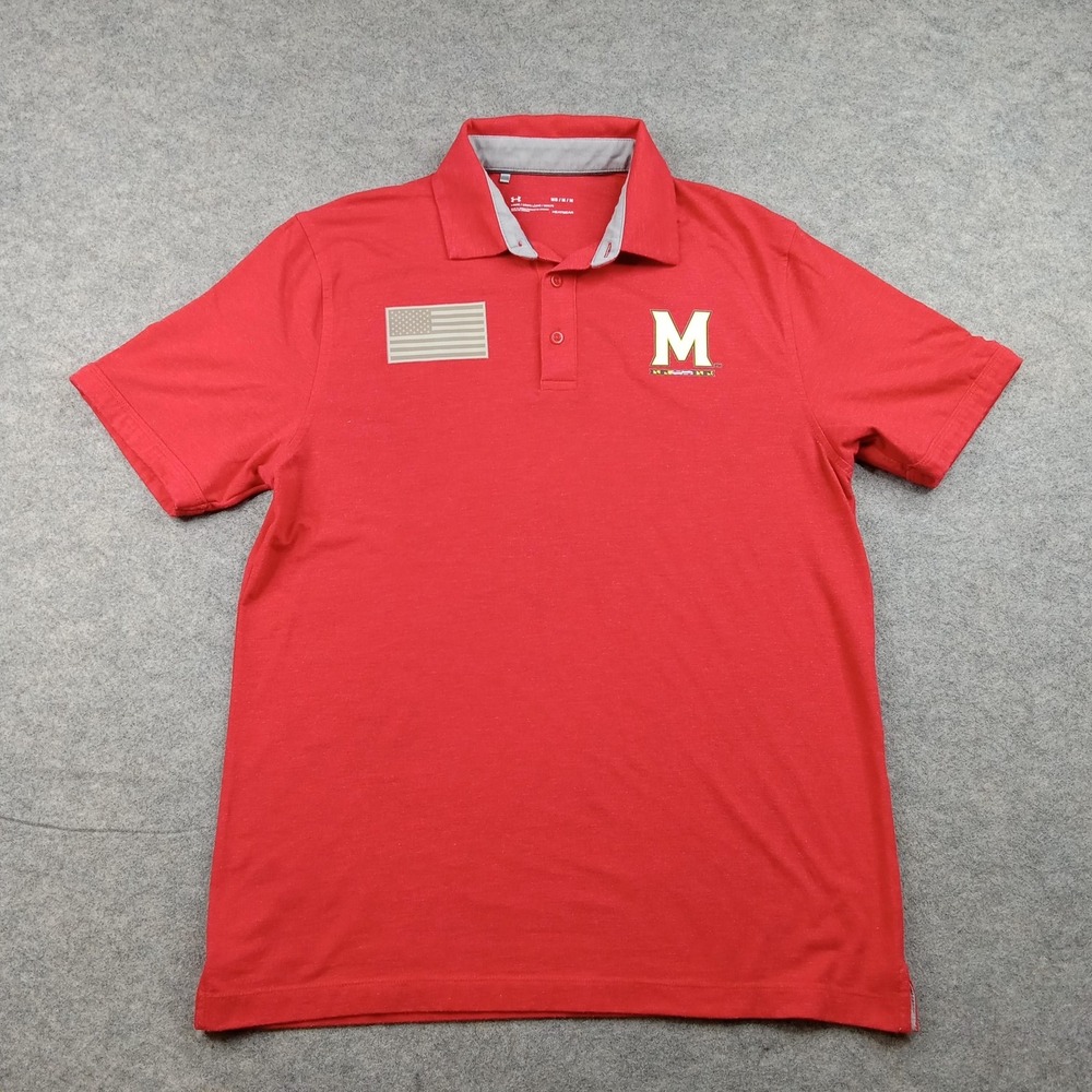 Under Armour Polo Shirt Mens Medium Red USA Flag HeatGear Golf Performance Top